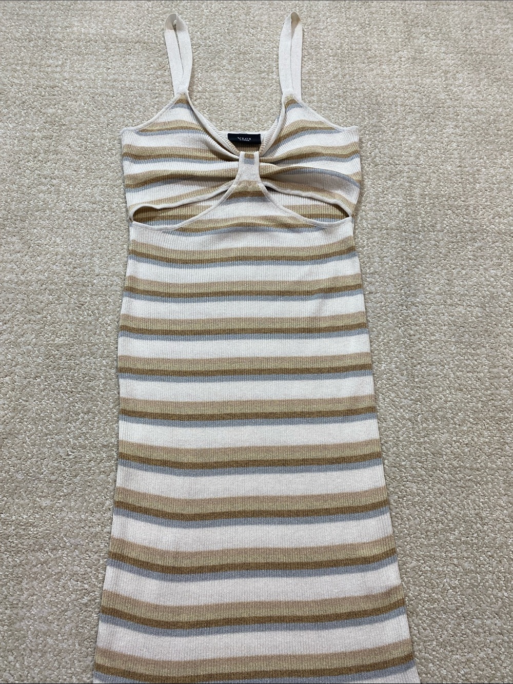 Vici Beige and White Striped Twist Cutout Midi Dress Stretch Size L 79% Viscose - Picture 10 of 16
